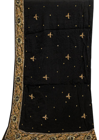 Sanskriti Vintage Soft Black Pure Chiffon Dupatta/Stole Handembroidery Zari Bead