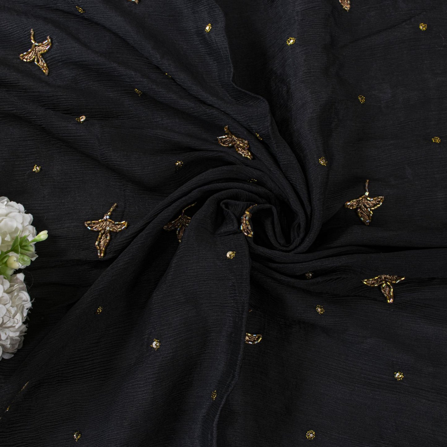 Sanskriti Vintage Soft Black Pure Chiffon Dupatta/Stole Handembroidery Zari Bead