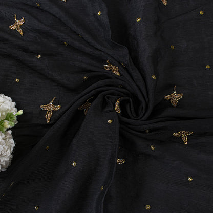 Sanskriti Vintage Soft Black Pure Chiffon Dupatta/Stole Handembroidery Zari Bead