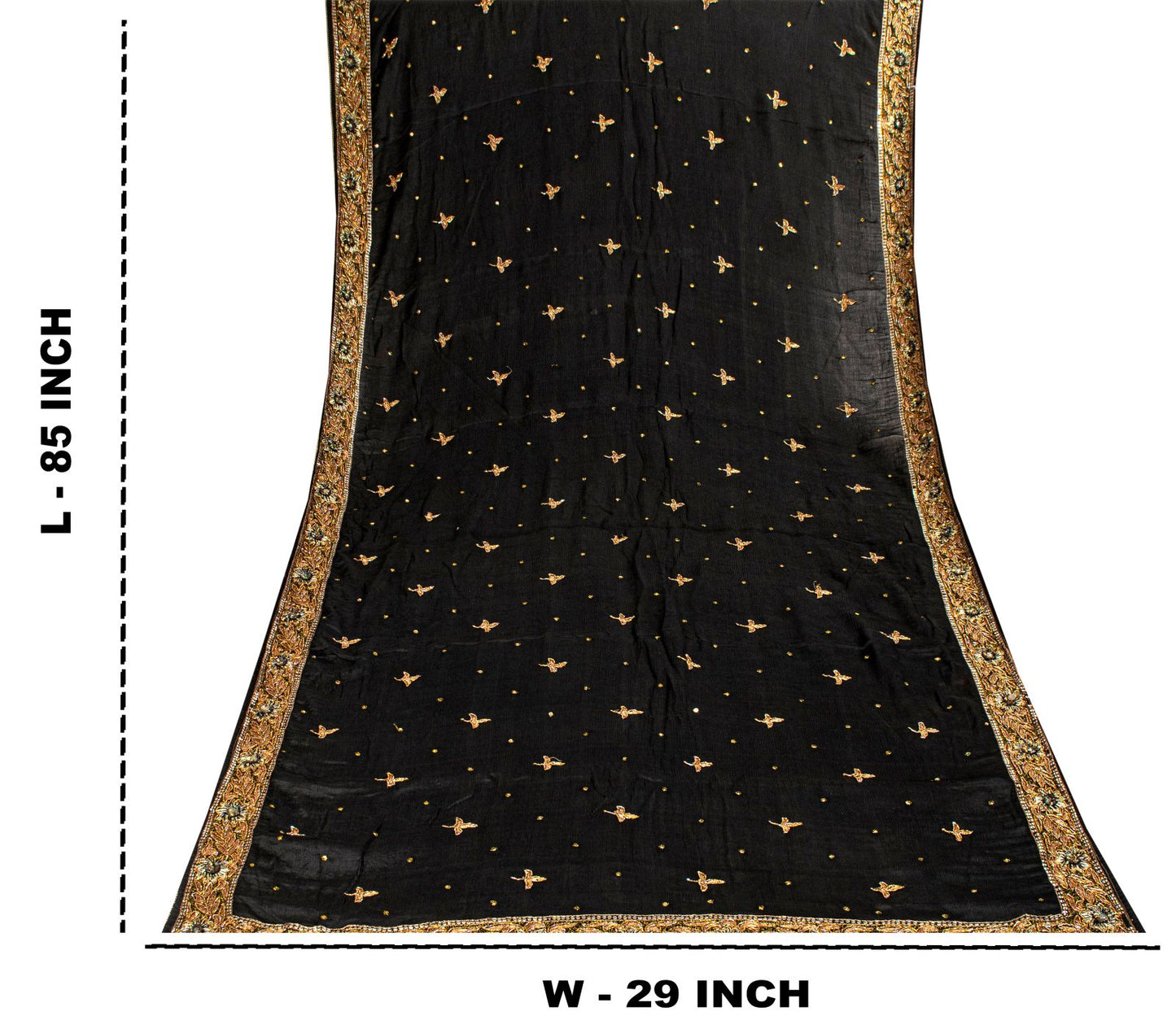 Sanskriti Vintage Soft Black Pure Chiffon Dupatta/Stole Handembroidery Zari Bead