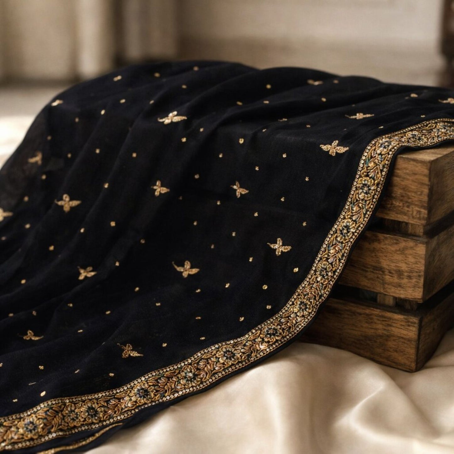Sanskriti Vintage Soft Black Pure Chiffon Dupatta/Stole Handembroidery Zari Bead