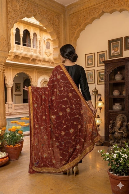 Sanskriti Vintage Brown Pure Georgette Dupatta/Stole Hand Embroidery ZardoziVeil