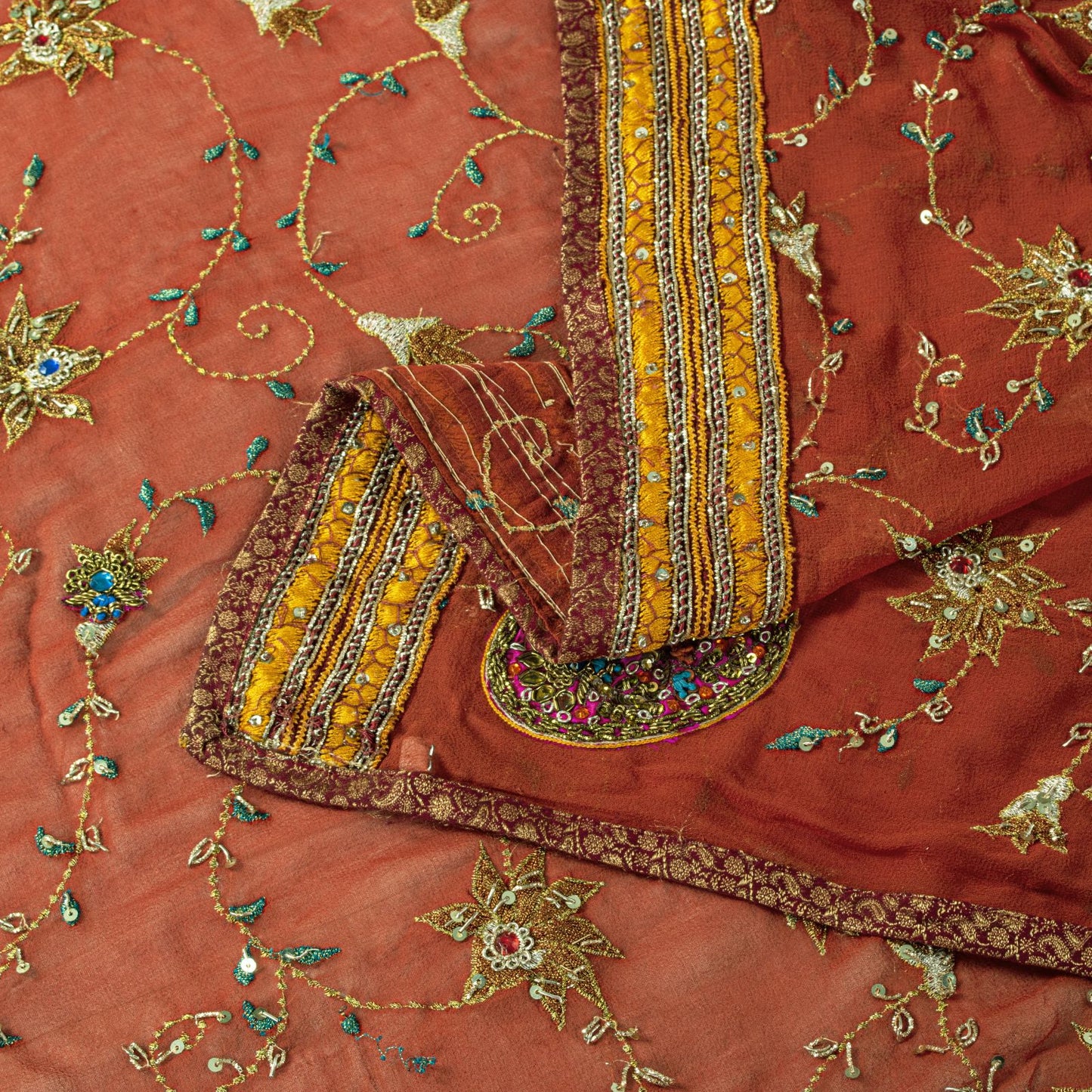 Sanskriti Vintage Brown Pure Georgette Dupatta/Stole Hand Embroidery ZardoziVeil
