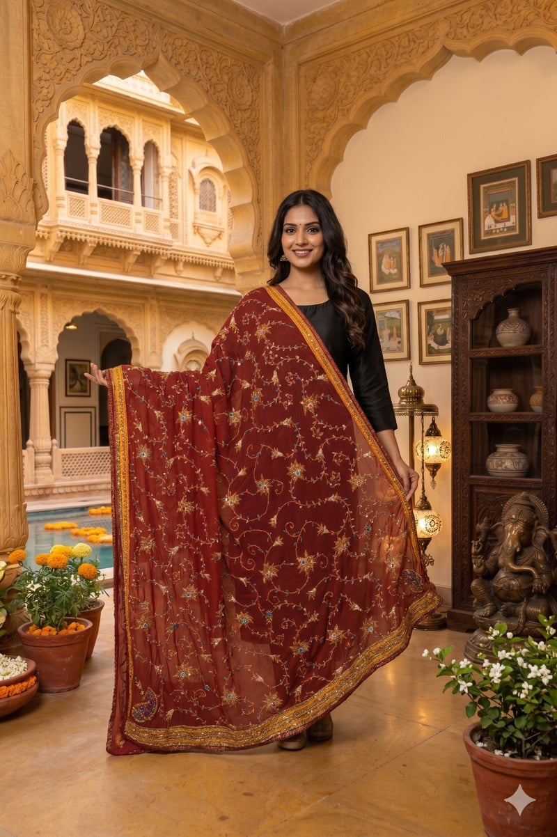 Sanskriti Vintage Brown Pure Georgette Dupatta/Stole Hand Embroidery ZardoziVeil