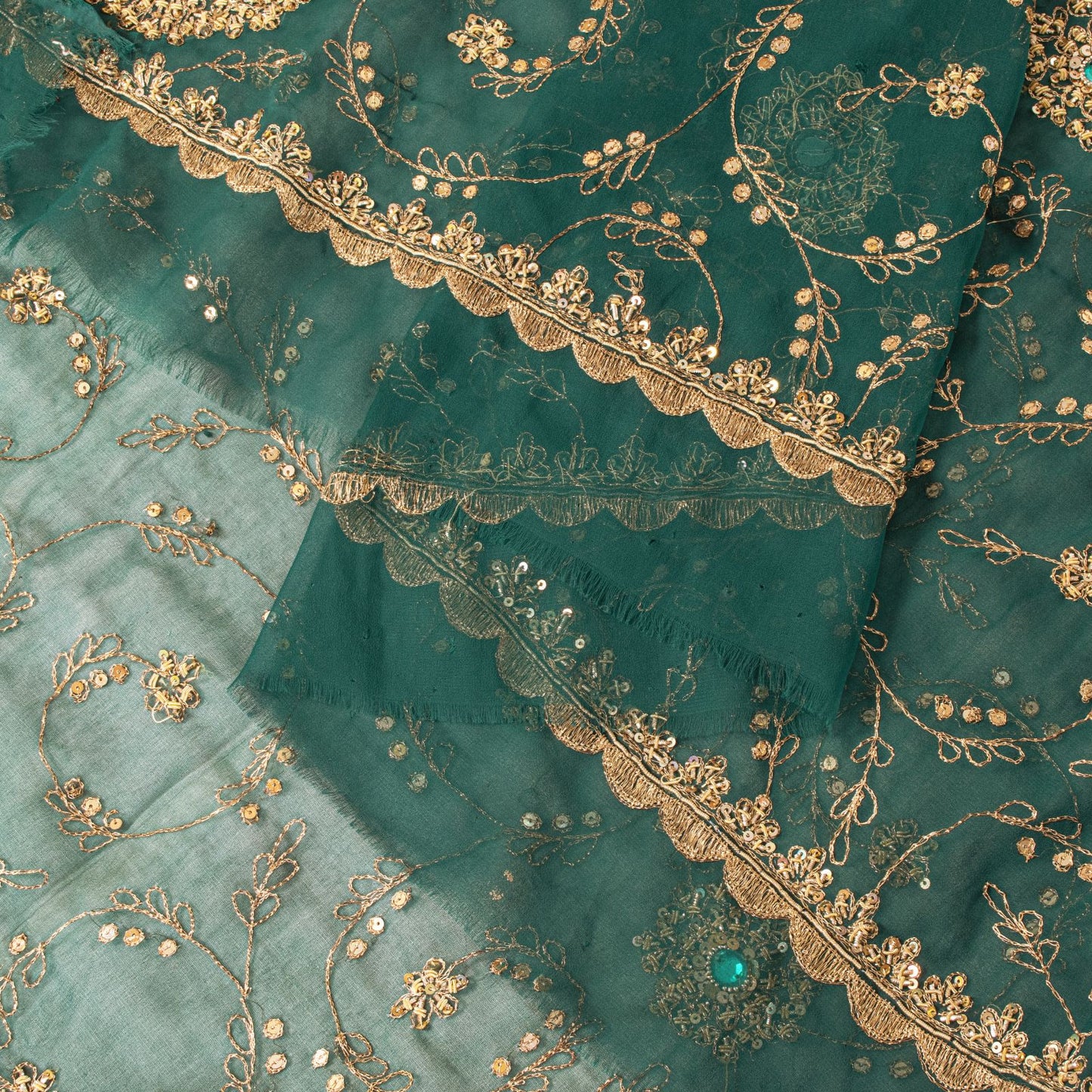 Sanskriti Vintage Green Georgette Dupatta/Stole Handembroidery Zari Zardozi Veil