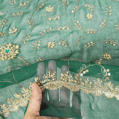 Sanskriti Vintage Green Georgette Dupatta/Stole Handembroidery Zari Zardozi Veil