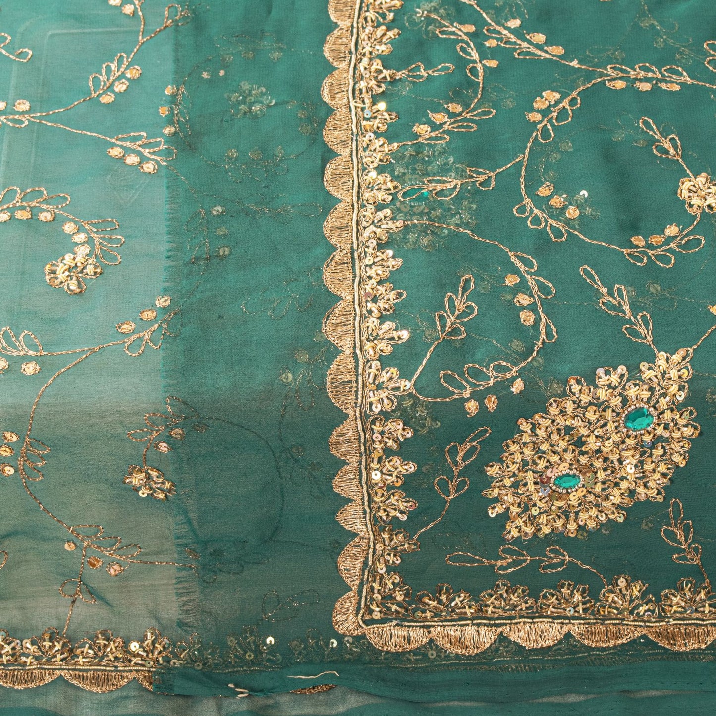 Sanskriti Vintage Green Georgette Dupatta/Stole Handembroidery Zari Zardozi Veil