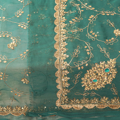 Sanskriti Vintage Green Georgette Dupatta/Stole Handembroidery Zari Zardozi Veil