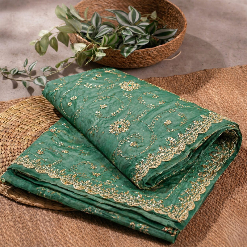 Sanskriti Vintage Green Georgette Dupatta/Stole Handembroidery Zari Zardozi Veil