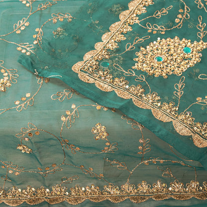 Sanskriti Vintage Green Georgette Dupatta/Stole Handembroidery Zari Zardozi Veil