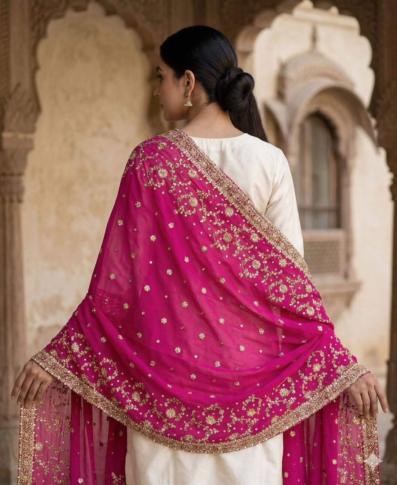 Sanskriti Vintage Pink Pure Georgette Dupatta/Stole Hand Embroidery Zari Zardozi