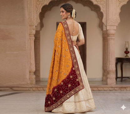 Sanskriti Vintage Yellow Soft Pure Georgette Dupatta/Stole Hand Embroidered Veil