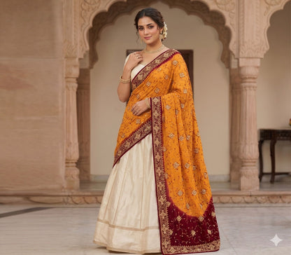 Sanskriti Vintage Yellow Soft Pure Georgette Dupatta/Stole Hand Embroidered Veil