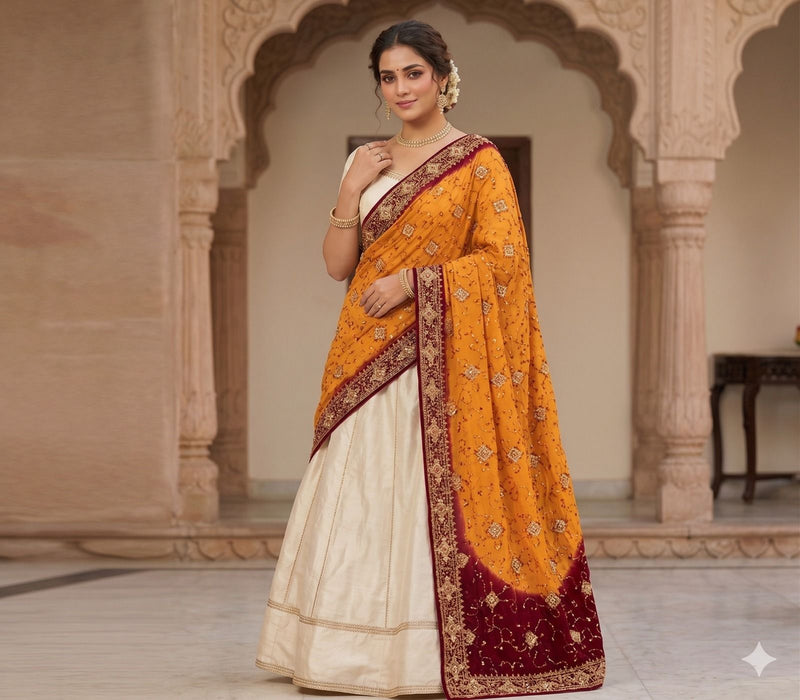 Sanskriti Vintage Yellow Soft Pure Georgette Dupatta/Stole Hand Embroidered Veil
