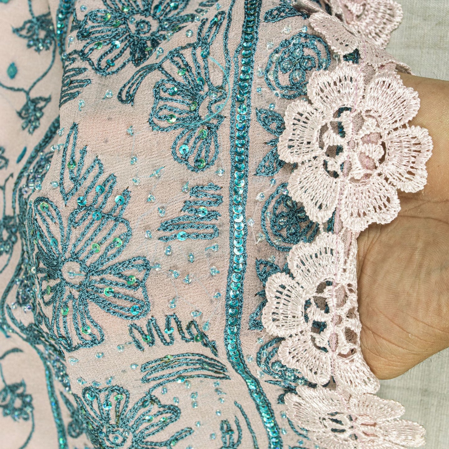 Sanskriti Vintage Pink Pure Georgette Silk Dupatta/Stole Hand Embroidered Sequin