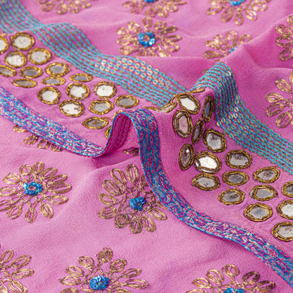 Sanskriti Vintage Pink Pure Georgette Dupatta/Stole Hand Embroidery Zardozi Veil