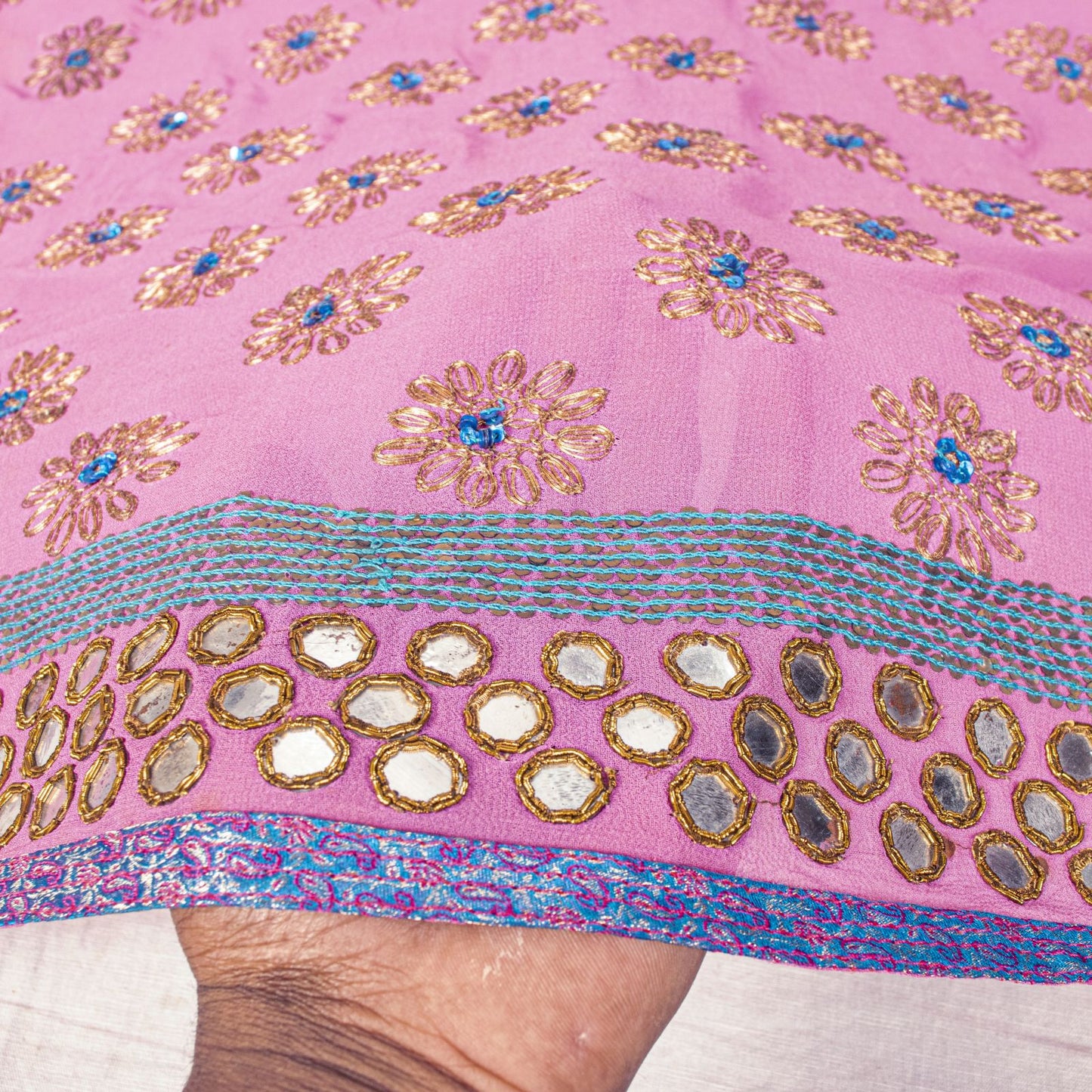 Sanskriti Vintage Pink Pure Georgette Dupatta/Stole Hand Embroidery Zardozi Veil