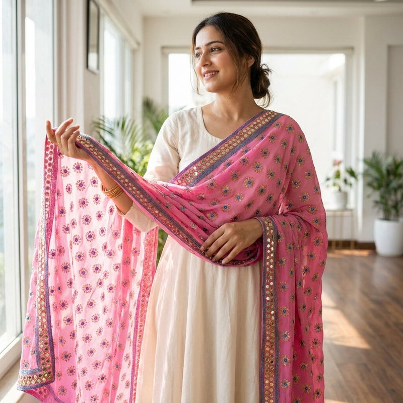 Sanskriti Vintage Pink Pure Georgette Dupatta/Stole Hand Embroidery Zardozi Veil