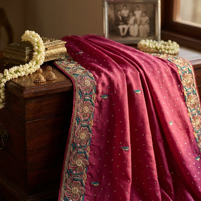Sanskriti Vintage Pink Pure Georgette Silk Dupatta/Stole Hand Beaded Zari Veil