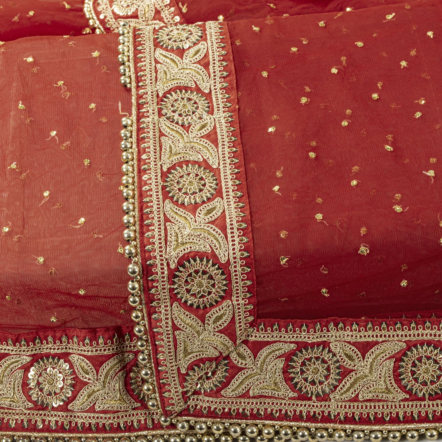 Sanskriti Vintage Red Net Dupatta/Stole Hand Embroidered Zari Sequin Indian Veil