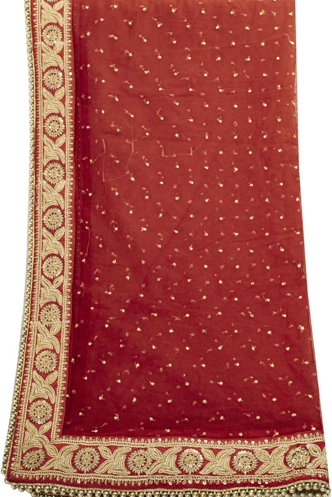 Sanskriti Vintage Red Net Dupatta/Stole Hand Embroidered Zari Sequin Indian Veil