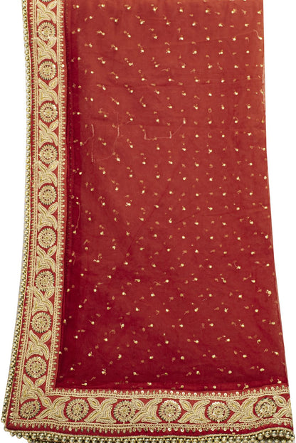 Sanskriti Vintage Red Net Dupatta/Stole Hand Embroidered Zari Sequin Indian Veil