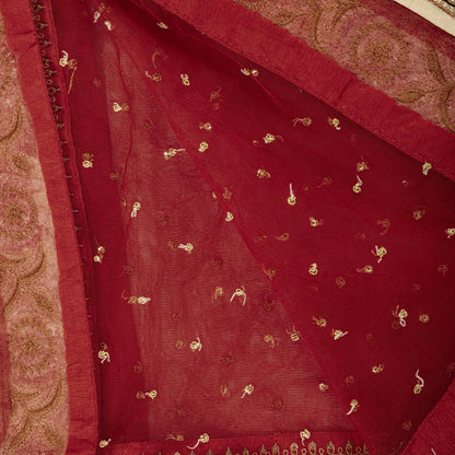 Sanskriti Vintage Red Net Dupatta/Stole Hand Embroidered Zari Sequin Indian Veil