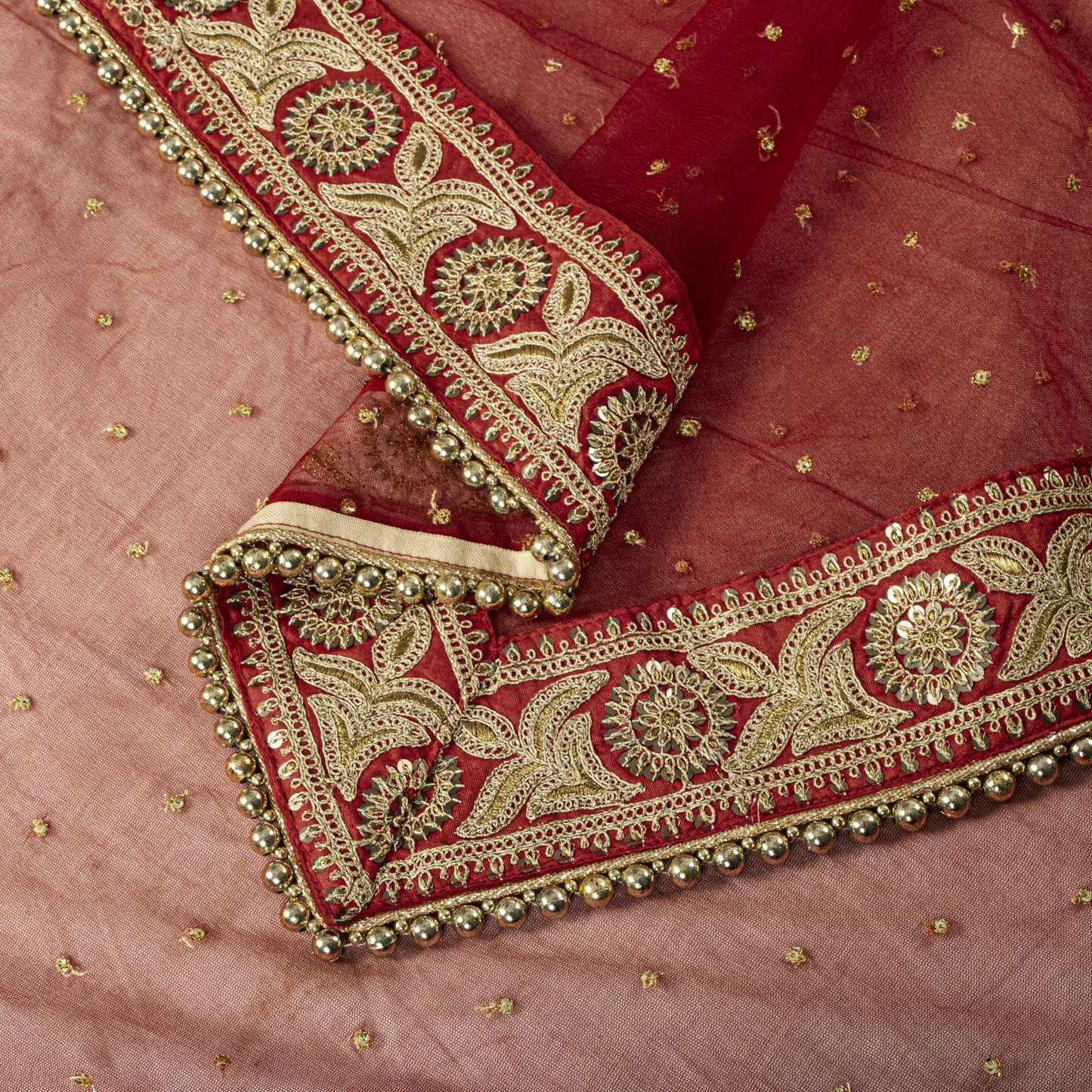 Sanskriti Vintage Red Net Dupatta/Stole Hand Embroidered Zari Sequin Indian Veil