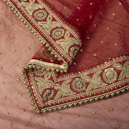 Sanskriti Vintage Red Net Dupatta/Stole Hand Embroidered Zari Sequin Indian Veil