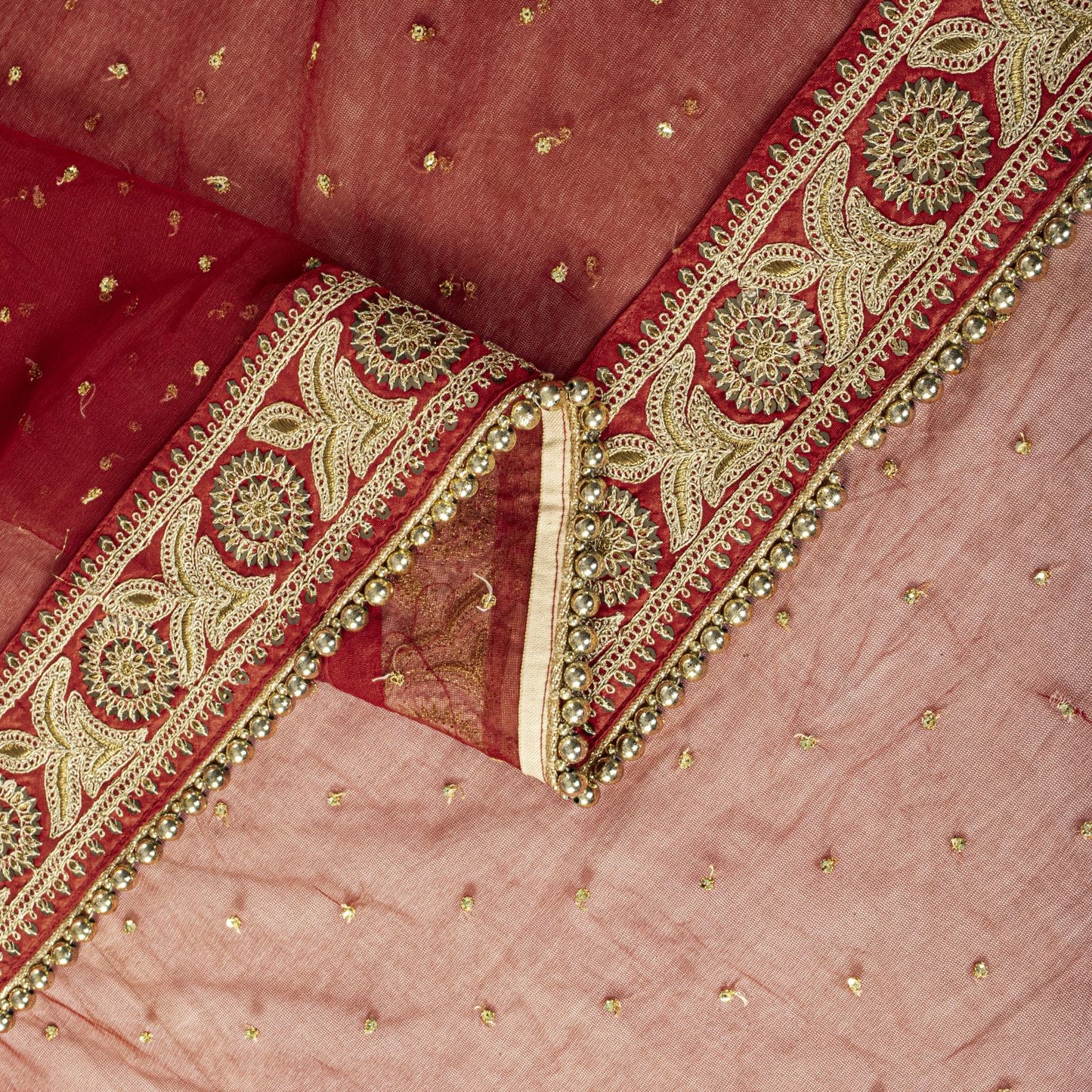 Sanskriti Vintage Red Net Dupatta/Stole Hand Embroidered Zari Sequin Indian Veil