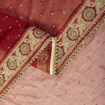 Sanskriti Vintage Red Net Dupatta/Stole Hand Embroidered Zari Sequin Indian Veil