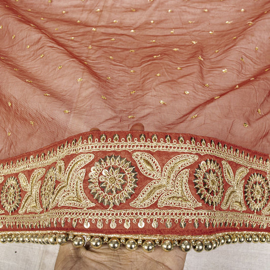 Sanskriti Vintage Red Net Dupatta/Stole Hand Embroidered Zari Sequin Indian Veil