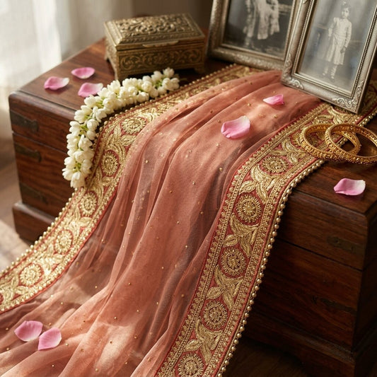 Sanskriti Vintage Red Net Dupatta/Stole Hand Embroidered Zari Sequin Indian Veil