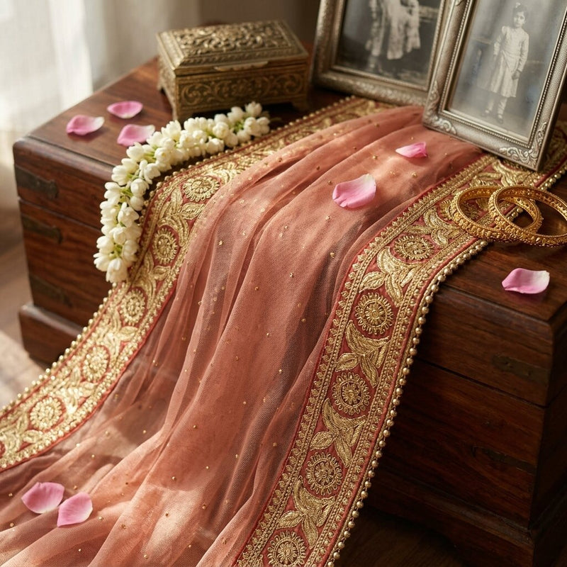 Sanskriti Vintage Red Net Dupatta/Stole Hand Embroidered Zari Sequin Indian Veil