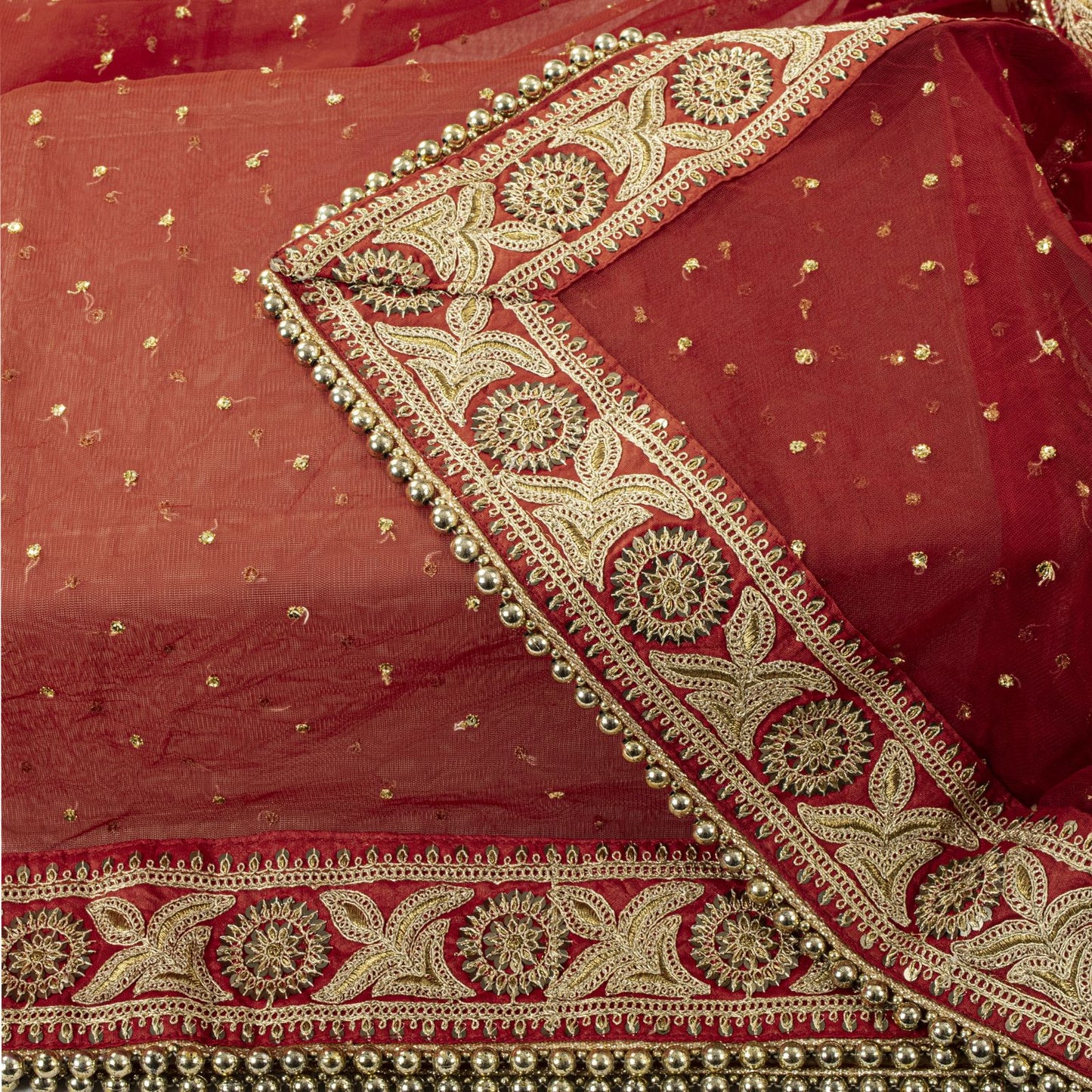 Sanskriti Vintage Red Net Dupatta/Stole Hand Embroidered Zari Sequin Indian Veil