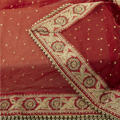Sanskriti Vintage Red Net Dupatta/Stole Hand Embroidered Zari Sequin Indian Veil