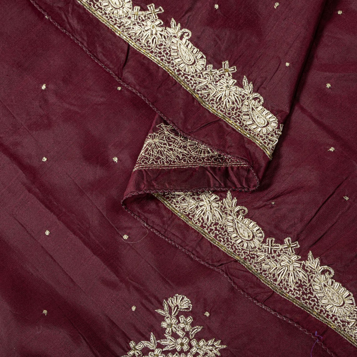 Sanskriti Vintage Maroon Pure Silk Dupatta/Stole Hand Embroidered Zardozi Veil