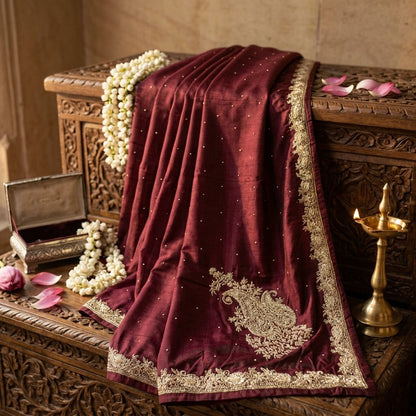 Sanskriti Vintage Maroon Pure Silk Dupatta/Stole Hand Embroidered Zardozi Veil