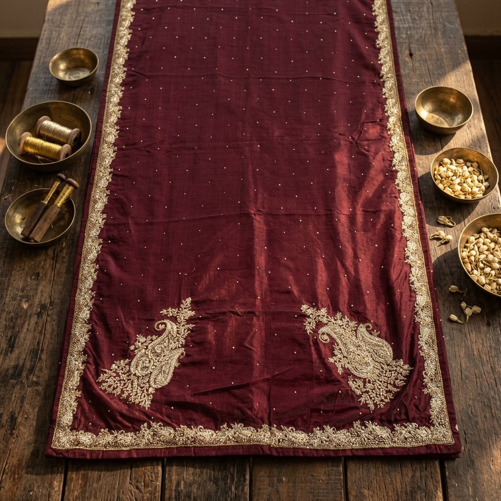 Sanskriti Vintage Maroon Pure Silk Dupatta/Stole Hand Embroidered Zardozi Veil