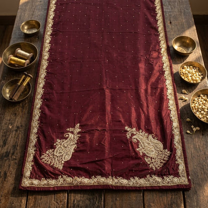 Sanskriti Vintage Maroon Pure Silk Dupatta/Stole Hand Embroidered Zardozi Veil