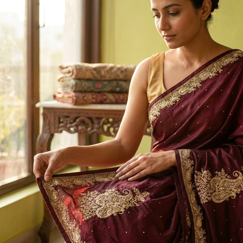 Sanskriti Vintage Maroon Pure Silk Dupatta/Stole Hand Embroidered Zardozi Veil