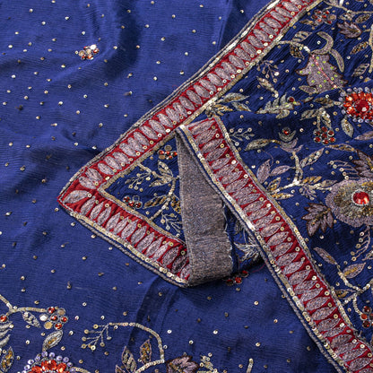 Sanskriti Vintage Blue Pure Silk Dupatta/Stole Hand Embroidered Zari Indian Veil