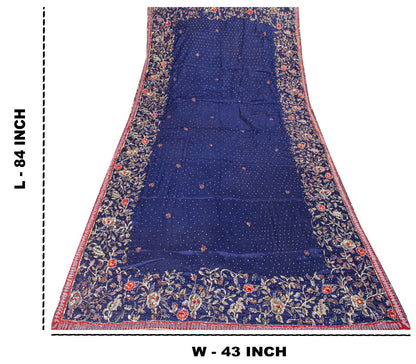 Sanskriti Vintage Blue Pure Silk Dupatta/Stole Hand Embroidered Zari Indian Veil