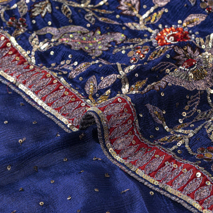 Sanskriti Vintage Blue Pure Silk Dupatta/Stole Hand Embroidered Zari Indian Veil