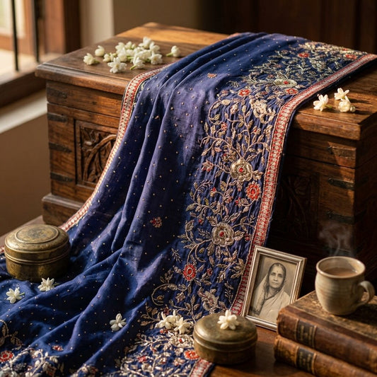 Sanskriti Vintage Blue Pure Silk Dupatta/Stole Hand Embroidered Zari Indian Veil