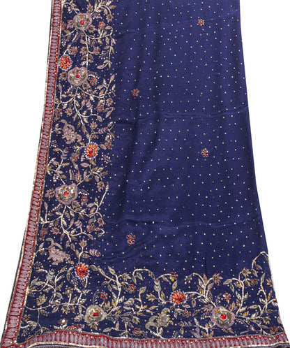 Sanskriti Vintage Blue Pure Silk Dupatta/Stole Hand Embroidered Zari Indian Veil