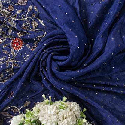 Sanskriti Vintage Blue Pure Silk Dupatta/Stole Hand Embroidered Zari Indian Veil
