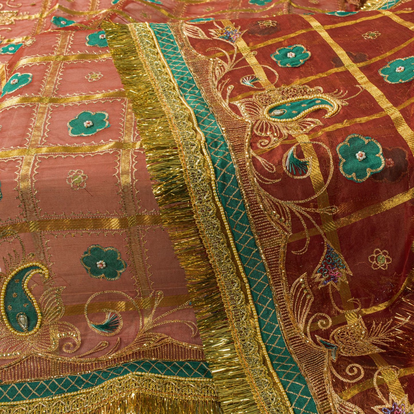 Sanskriti Vintage Dupatta/Stole Red Pure Silk Hand Embroidered Zari-Patch Veil