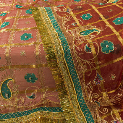 Sanskriti Vintage Dupatta/Stole Red Pure Silk Hand Embroidered Zari-Patch Veil