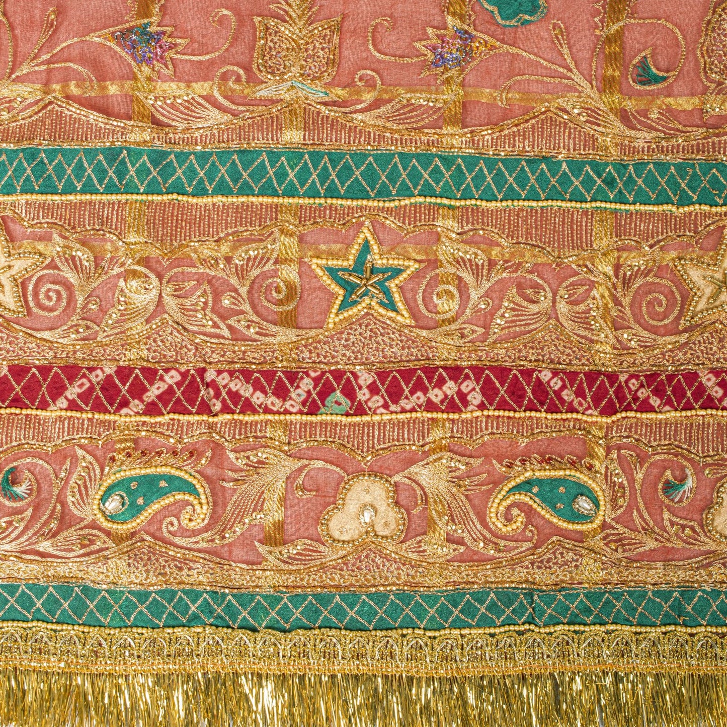 Sanskriti Vintage Dupatta/Stole Red Pure Silk Hand Embroidered Zari-Patch Veil